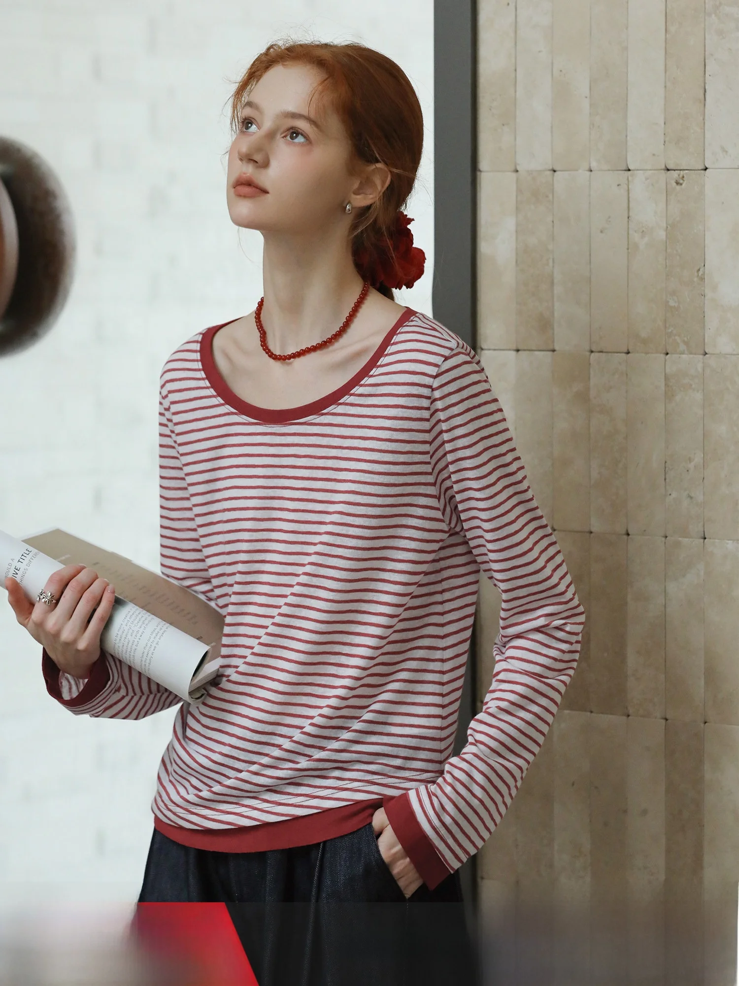 

MELLIIY Deconstructed Design Retro Versatile Color Blo Long Sve round Ne Striped T-irt Women's Casual Sle Loose Fit