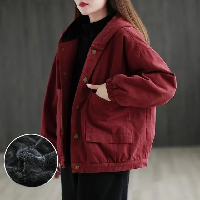 

Loose Fit Fce Lined Thiened Cotton Jaet with Hood Retro Artistic Sle Women's Winter Coat ort Denim Outerwear