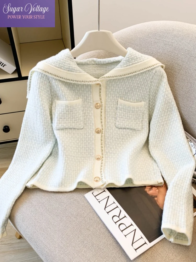 

Осенний винтажный модный вязаный мягкий свитер, женский свободный крой с длинным рукавом, матросский воротник, топы на пуговицах, повседневный милый элегантный кардиган