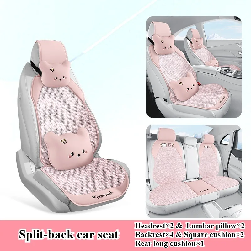 5 Seat Full, Breathable Car Seat Cover - PU Leather + Cool Ice Rattan Weave, Playful Embroidery, + Head and Lumbar Pillows