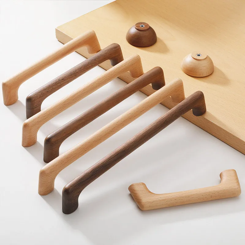 AOBT Natural Wood Color Solid Wood Cabinet Door Handle Simple Cream Style Long Kitchen Drawer Pull for High Cabinet