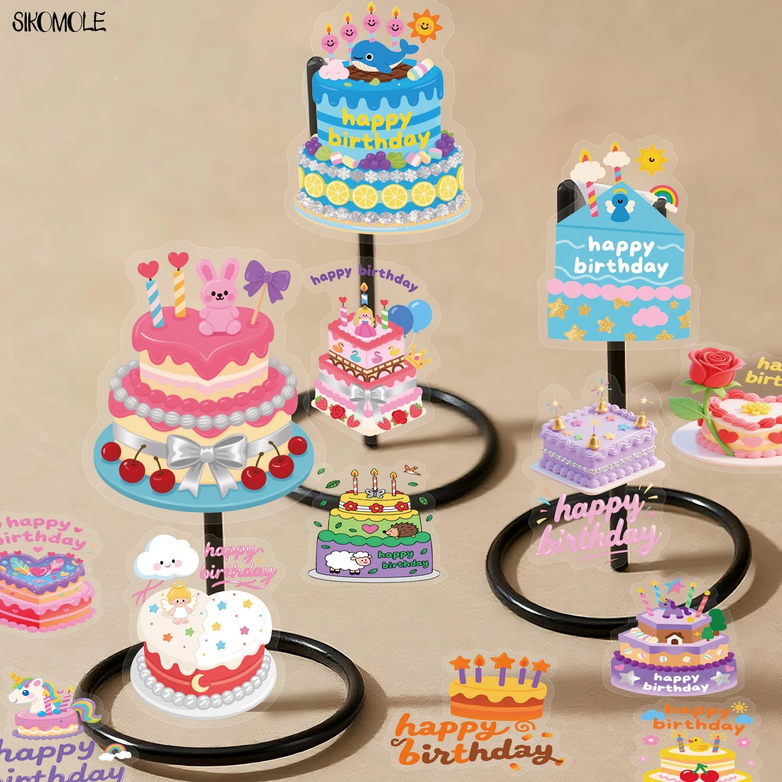 50PCS Cartoon Birthday Cake PET Stickers Kawaii Transparent Decals Guitar Laptop Luggage Graffiti Sticker Label Diary Stationery