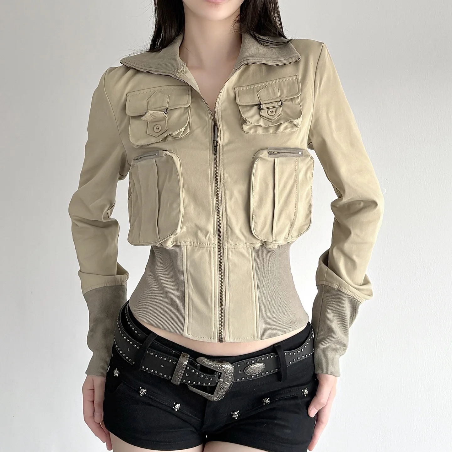 Women's Retro Pilot Cardigan with Three-Dimensional Pockets Slim Fit Waist Cinched Lapel Zipper Windbreaker Jacket Spicy Style