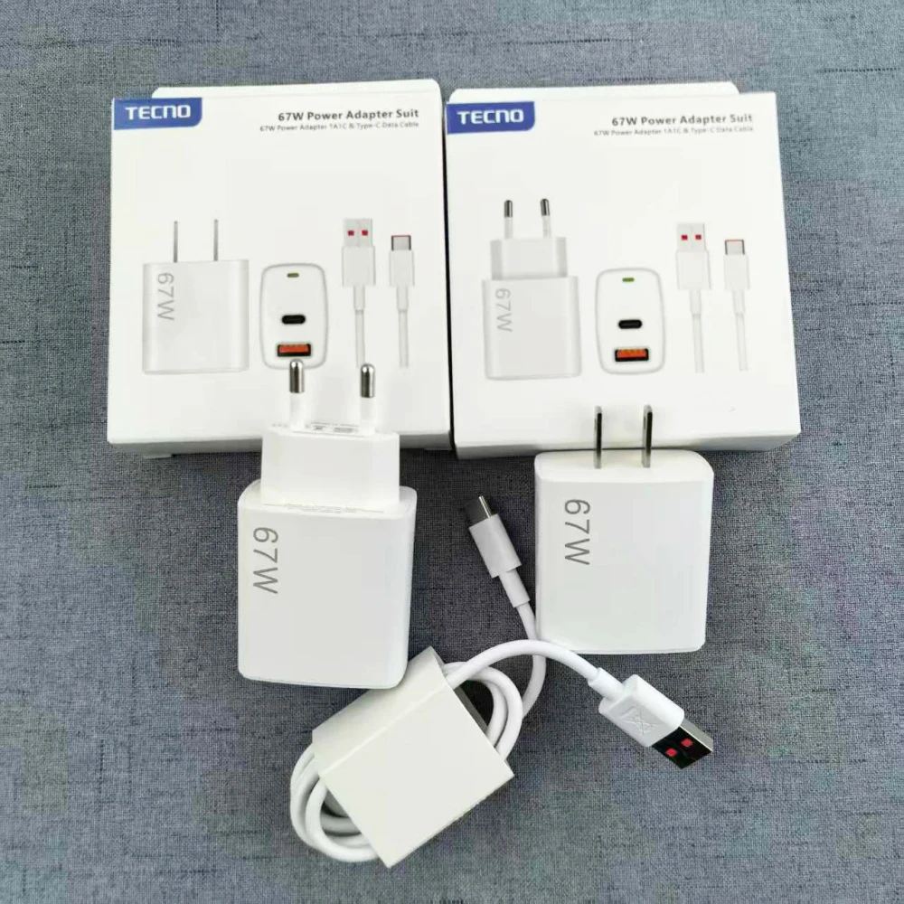 

Быстрое зарядное устройство Tecno 67 Вт, 2 порта ЕС/США, адаптер питания для быстрой зарядки, кабель 6А типа C для Tecno Spark Camom 40 30 20 10 Pro+ 30S Pova7