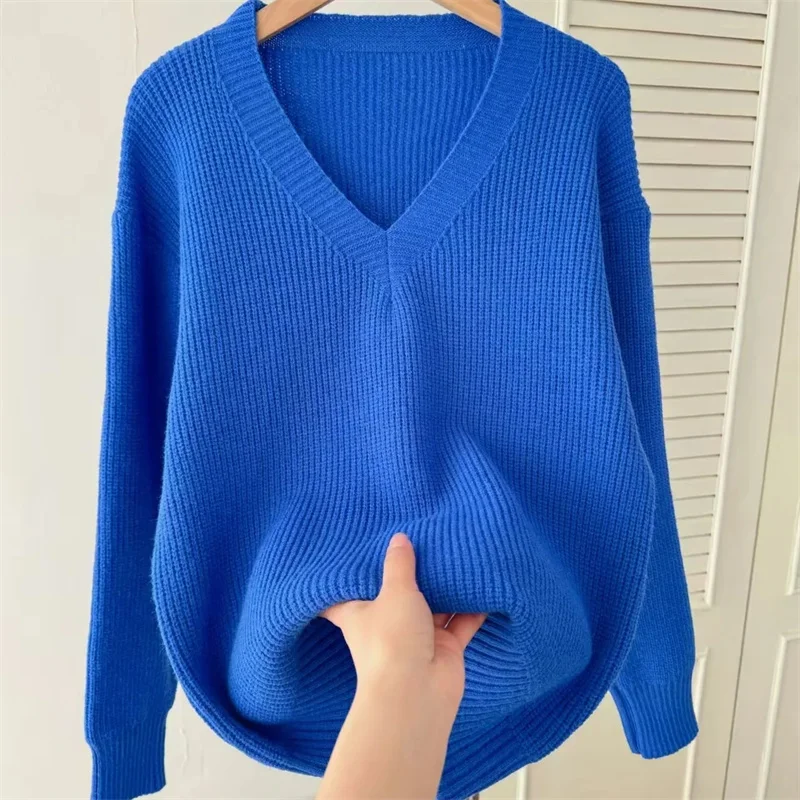 Women's Warm V-neck Pullover Knitted Sweater Korean Fashion Long-sleeved Loose Thin Inner Top Autumn and Winter New