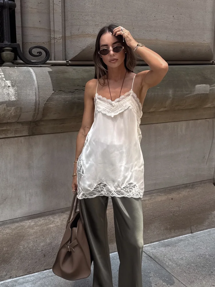 الصلبة الدانتيل المرقعة حبال القمم سيدة عادية أكمام الخامس الرقبة شيك فضفاض عارية الذراعين سترة قصيرة 2025 الصيف عطلة الشارع ارتداء