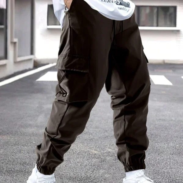 남성 캐주얼 루즈 카고 팬츠 2025 풀 렝스 드로스트링 포켓 디자인 솔리드 컬러 남성 바지