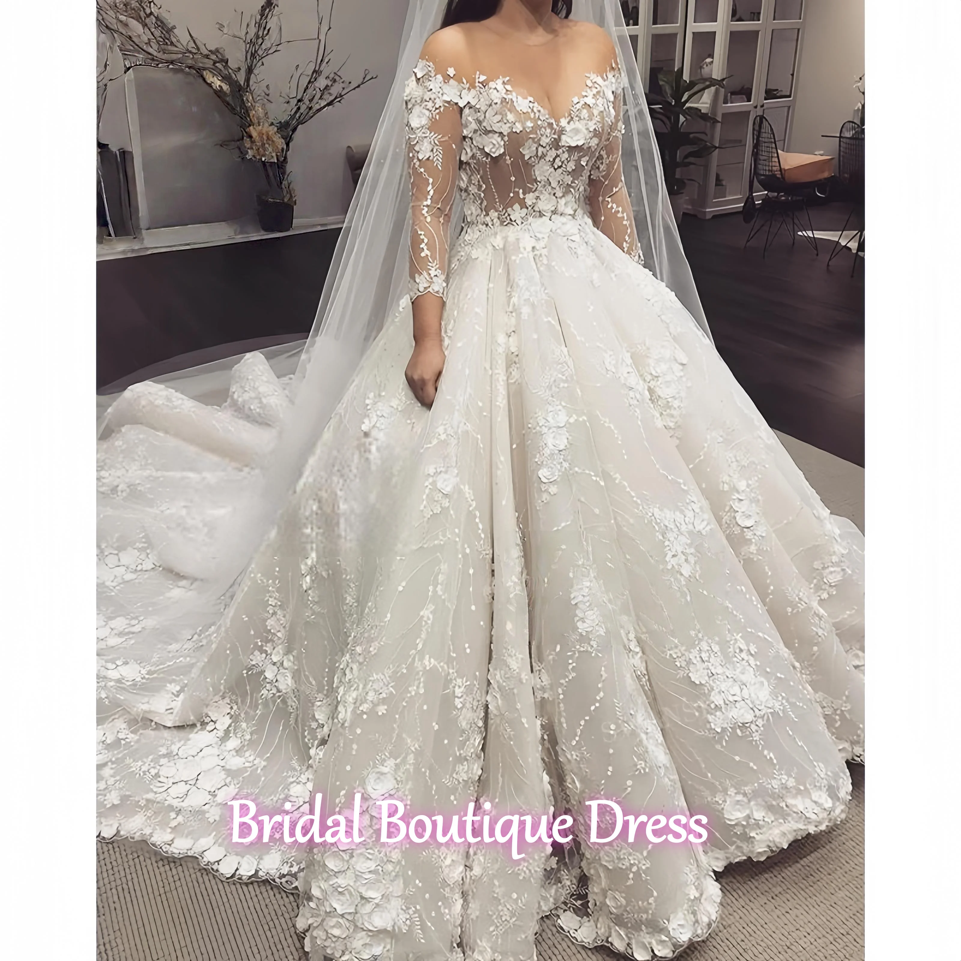 

Изысканные свадебные платья на заказ с полным кружевом, 2026, арабский стиль, 3D цветочные узоры, иллюзионные длинные рукава, V-образный вырез, Vestidos