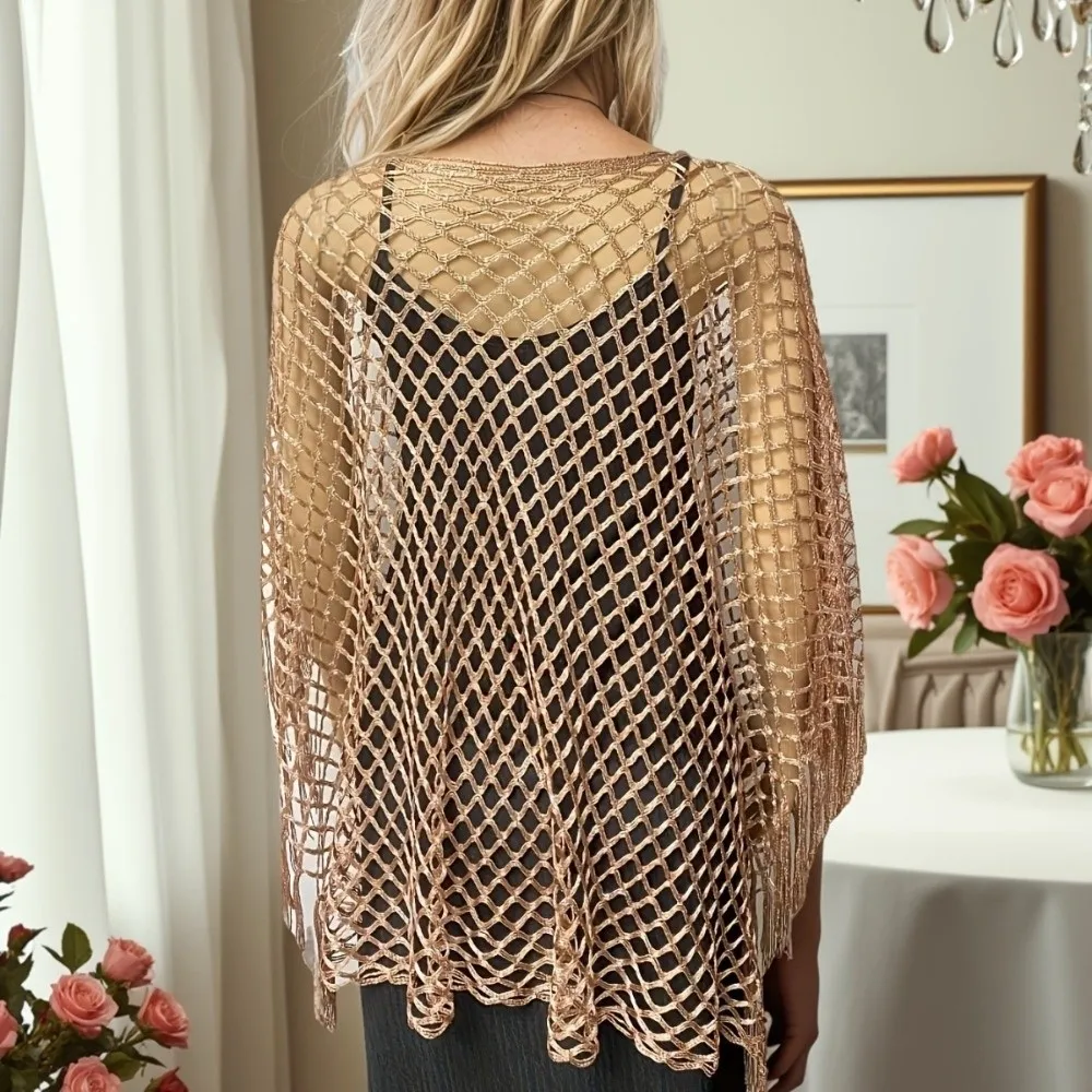 Solid Color Tassel Sunscreen Cover-up Crochet Loose Fit Bohemian Shawl Plus Size Casual Fishnet Swimsuit Cover Up Lady