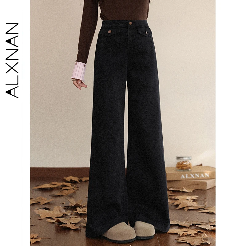 

ALXNAN Women's Flared Jeans Black Flap Pockets Wide-leg Trousers Casual 2025 Fashion Commuting Female Straight-leg Pants L576107