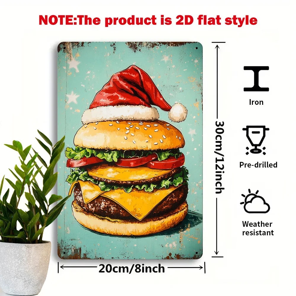 2D Flat - 1pc 2D Flat Burger with Santa Hat Iron Metal Sign | 20.32x30.48 cm Vintage Decorative Sign, Whimsical Holiday Decor, S