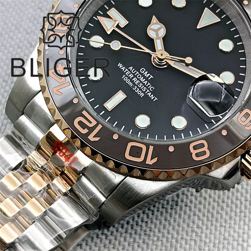 BLIGER 40mm Two-Tone Jubilee Bracelet NH34 GMT Watch For Men Bidirectional Rotation Case Sapphire Glass Ceramic Bezel Black Dial