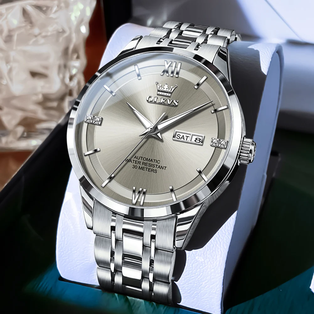 

OLEVS автоматические механические часы для мужчин, модные деловые спортивные аналоговые наручные часы с ремешком из нержавеющей стали, серебристо-серый циферблат