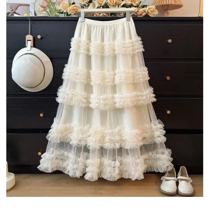 Women's Ruffle Trim Mesh Tutu Skirt, Tiered Layered A-Line Flared Skirt, High Waist Soft Tulle Puffy Skirt, Spring Summer