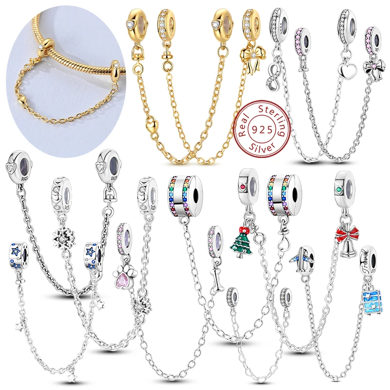 Original Safety Chain Clasp Clip Charms 925 Sterling Silver Love Bow Star Moon Snowflake Safety Chain Fit Bracelet DIY Jewelry
