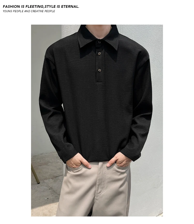Minimalistisches Streetwear-Langarm-Poloshirt für Herren mit Reverskragen, meliertem Slub-Muster und weichem Material für alltägliche Freizeitaktivitäten. – Detail 23