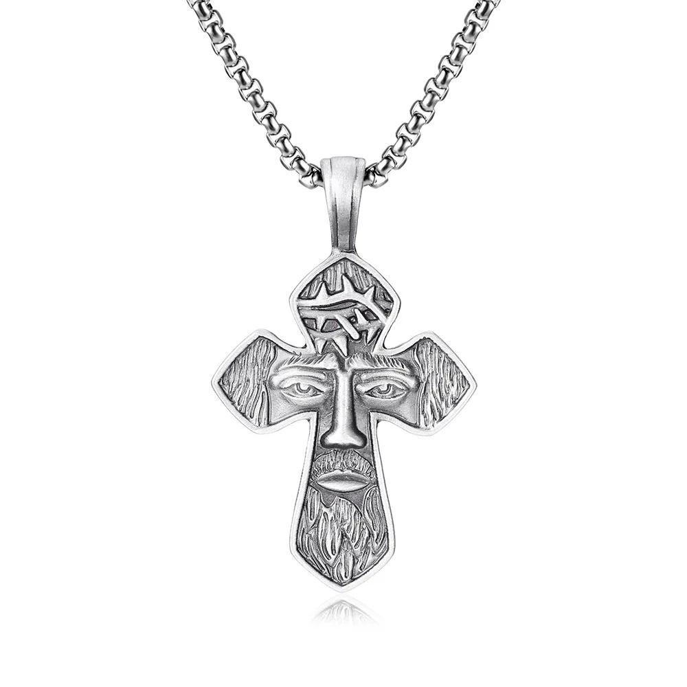 Silver Embossed Holy Face Cross Pendant  Stainless Steel Rope Chain Vintage Jesus Portrait Faith Amulet Jewelry