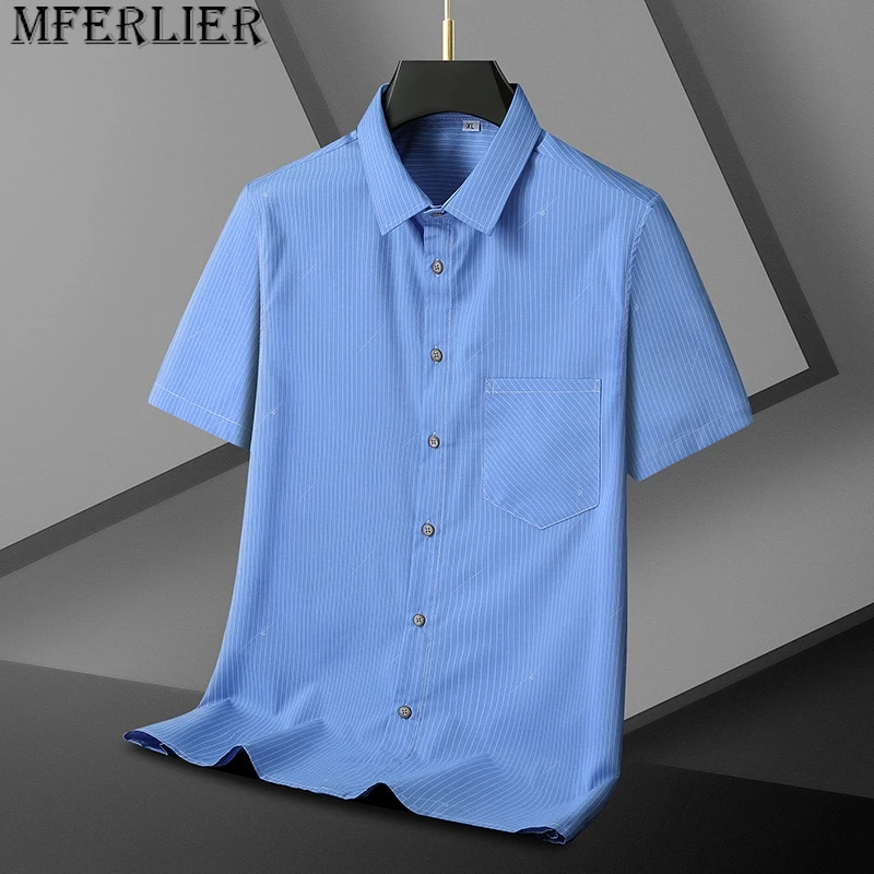 

Summer men lapel short sleeved shirt stripes fat plus size business casual loose trendy loose 7xl 8xl 140kg