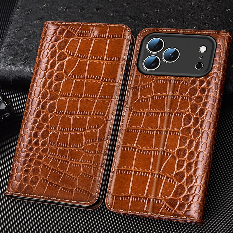 Crocodile Genuine Leather Flip Case for iPhone 17 16 16E 15 14 13 12 11 8 X XS Pro Max Plus Luxury Card Slots Wallet Cover Funda