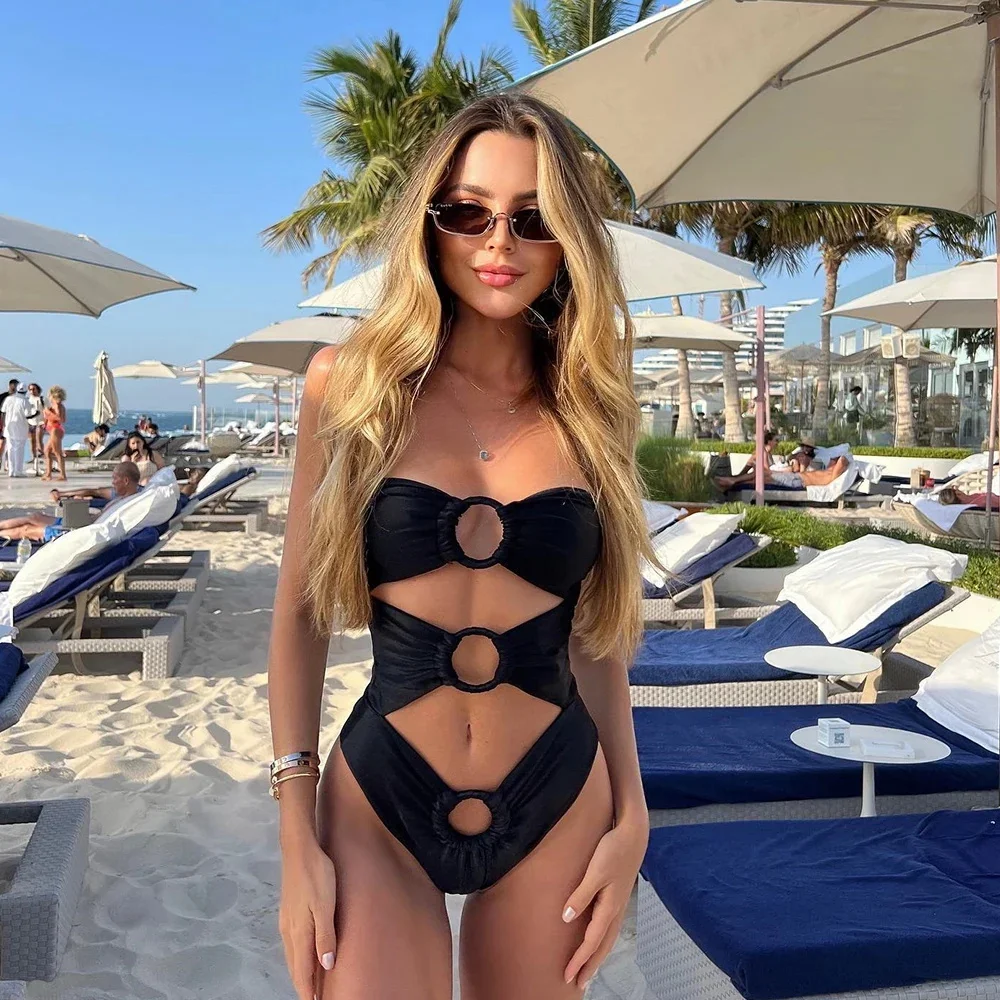 Maillot de bain deux pièces pour femmes, noir uni, soutien-gorge rembourré, Push-Up, ajouré, vêtements de plage, Monokini, 2024