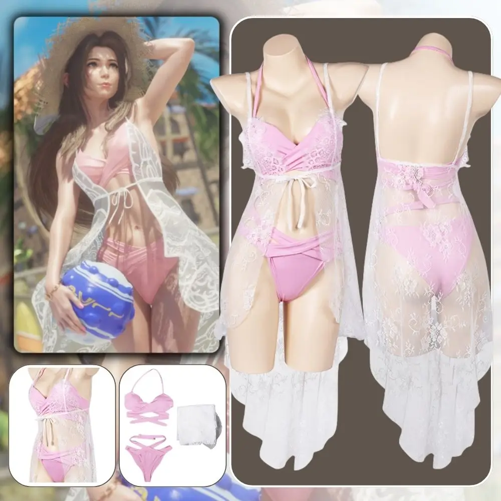 

Final Fantasy 7 Aerith Cosplay Swimsuit Costume Disguise for Women Girls Two-Piece Bikinis Set Swimwear Halloween Disguise Suit