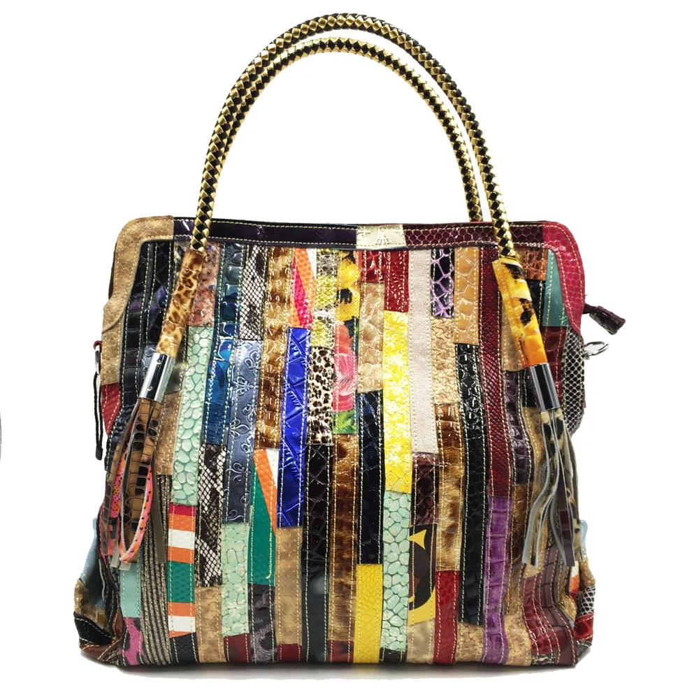 

Women Fashion Multicolour Genuine Leather Snake Patterned Splicing Stripe Tote Handbags ShoulderBag CrossbodyBag Office Daily