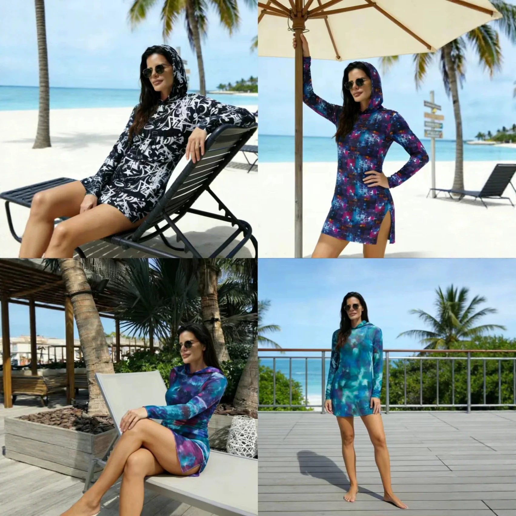 Amazon Hot-selling Sexy Mesh See-through Printing Hooded Dress European and American Style Slim-fitting Sunscreen Blouse