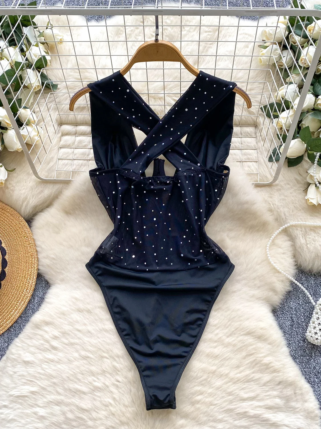 Ins Heavy Embellied Me Ne จั๊มสูทสายแขวนผู้หญิงสลิมฟิตฟิโบนท็อปเอวสูงหรือกางเกงออนไลน์พิเศษ