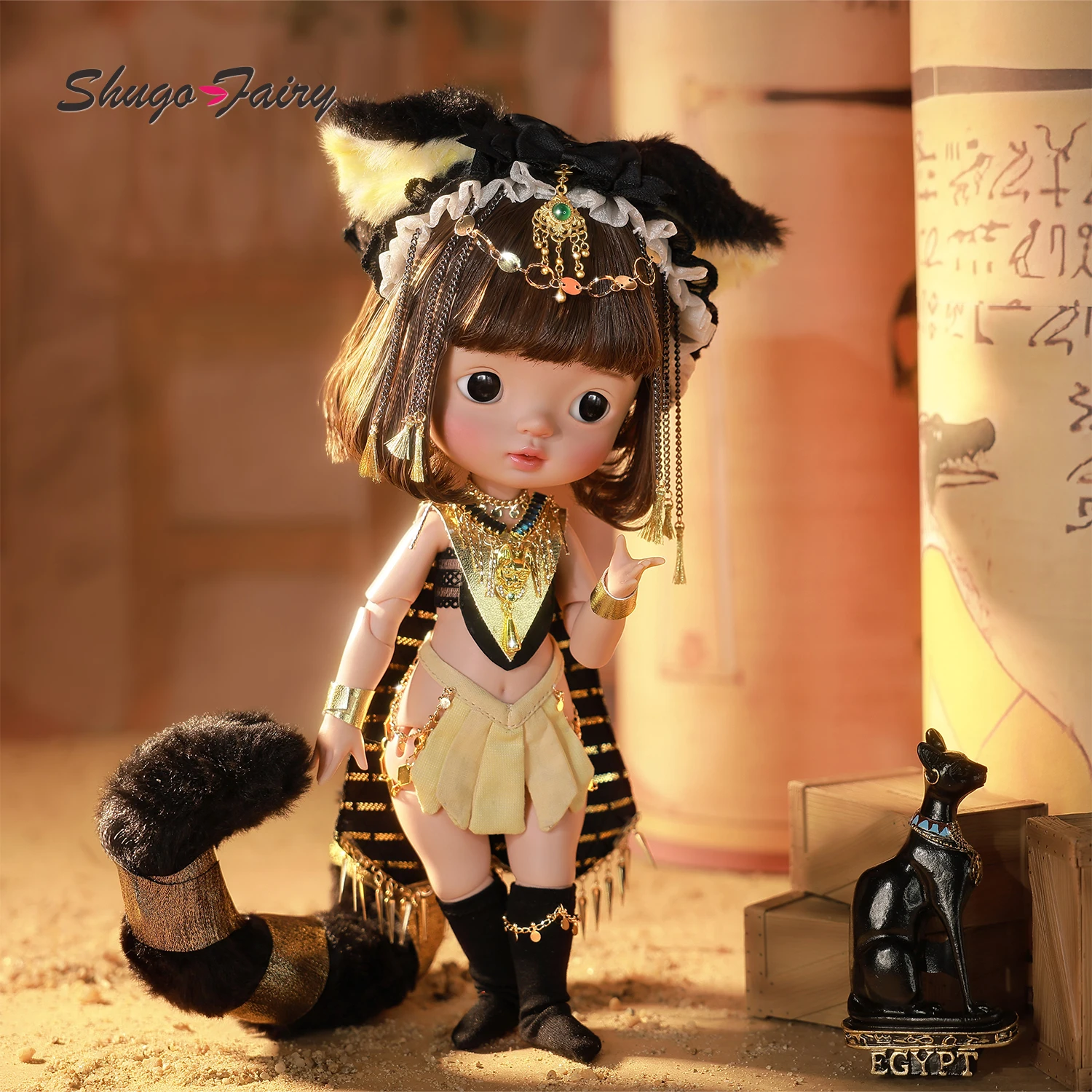 ShugaFairy Xavi D 1/6 BJD المصري - تشيبي باستيت آلهة القط الأسود القطيفة باتون اليدوية الراتنج مجموعة كاملة تحصيل