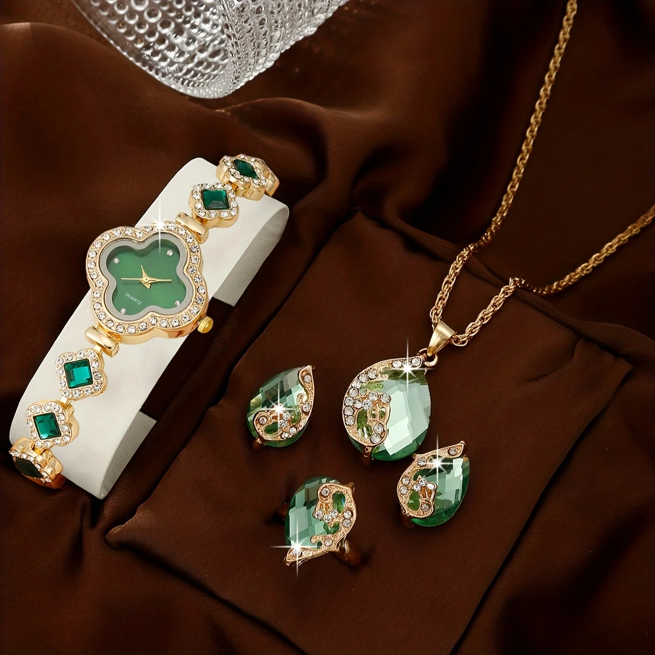 Women's Watch Vintage Clover Pointer Quartz Bracelet Watch Baroque Rhinestone Wrist Watch & Jewelry Set, Gift For Mom Her