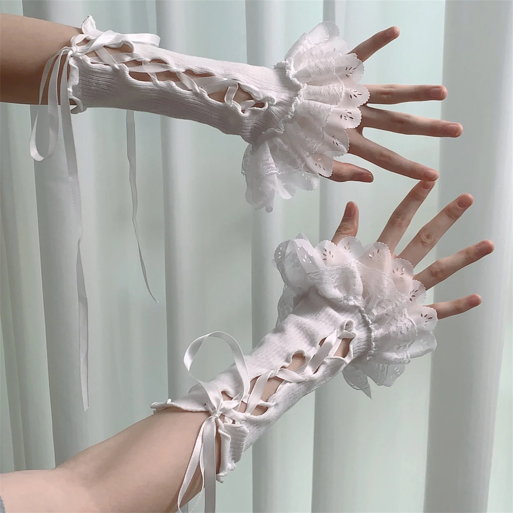 여성 레이스 핑거리스 장갑 Bowknot 디테일 짧은 팔 워머 슬리브 로리타 코스프레 의상 액세서리