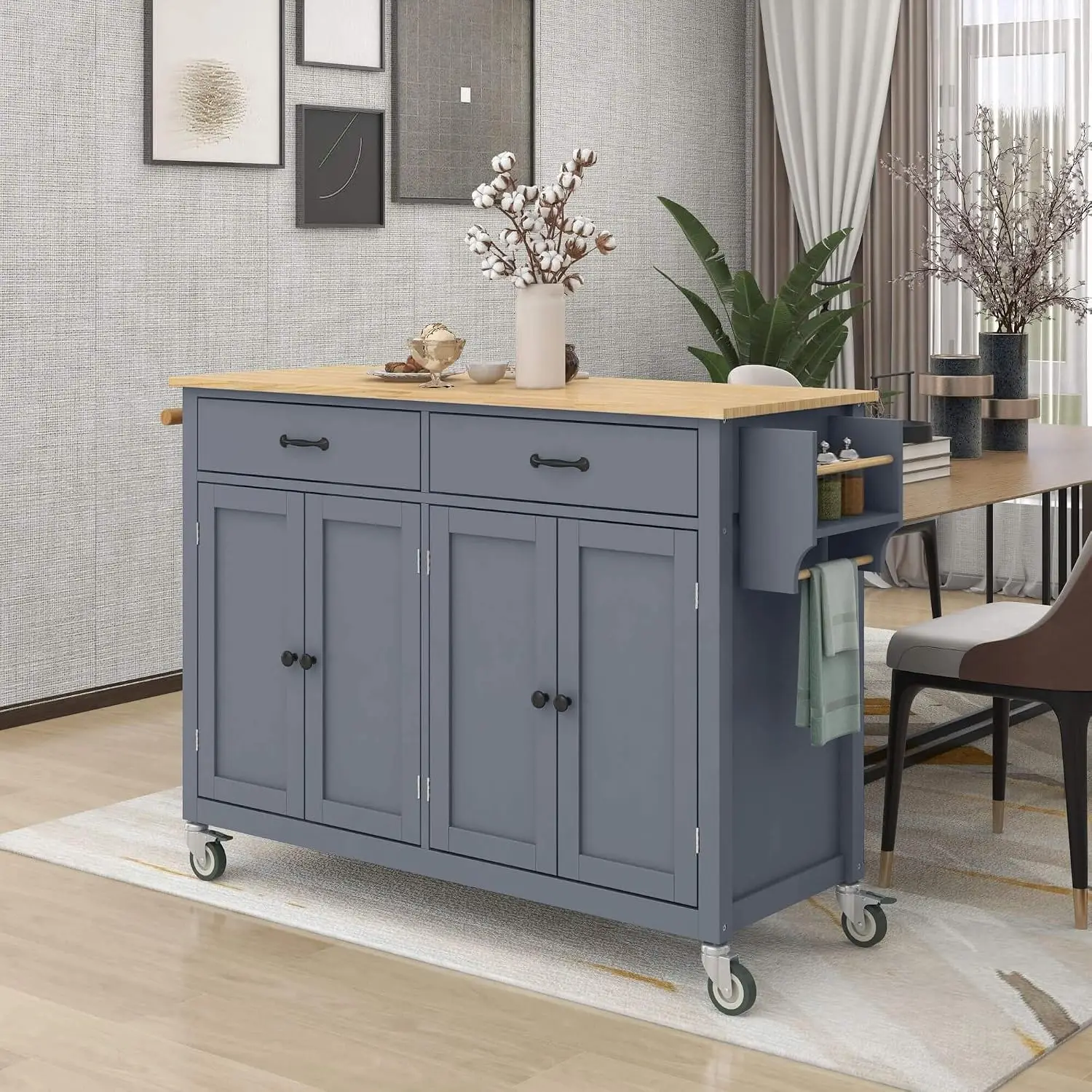 Kitchen Cart Rolling Island Trolley Solid Wood Top 4-Door Cabinet 2 Drawers 4 Casters Spice & Towel Rack 54