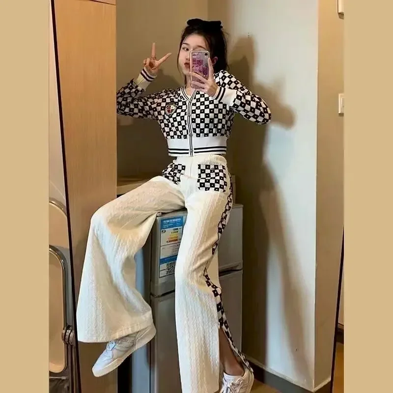 Korean Fashion Black and White Checkered Pants Sets for Women Autumn2023 Y2k Vintage V-neck Long Sleeve Tops+Wide Leg Pants Suit