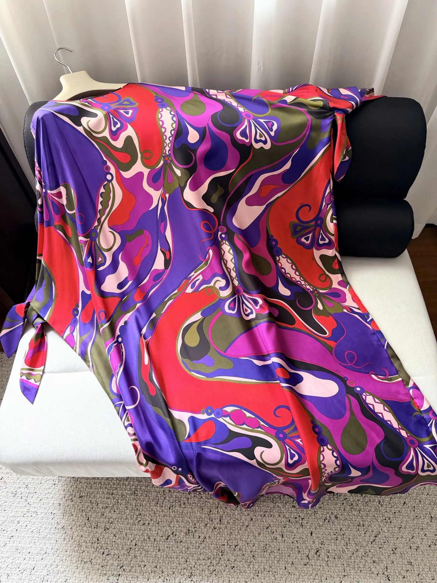 

Summer Women's Fashion Print Loose Casual Silk Long Dress O-Neck Butterfly-knot Batwing Sleeve Dress