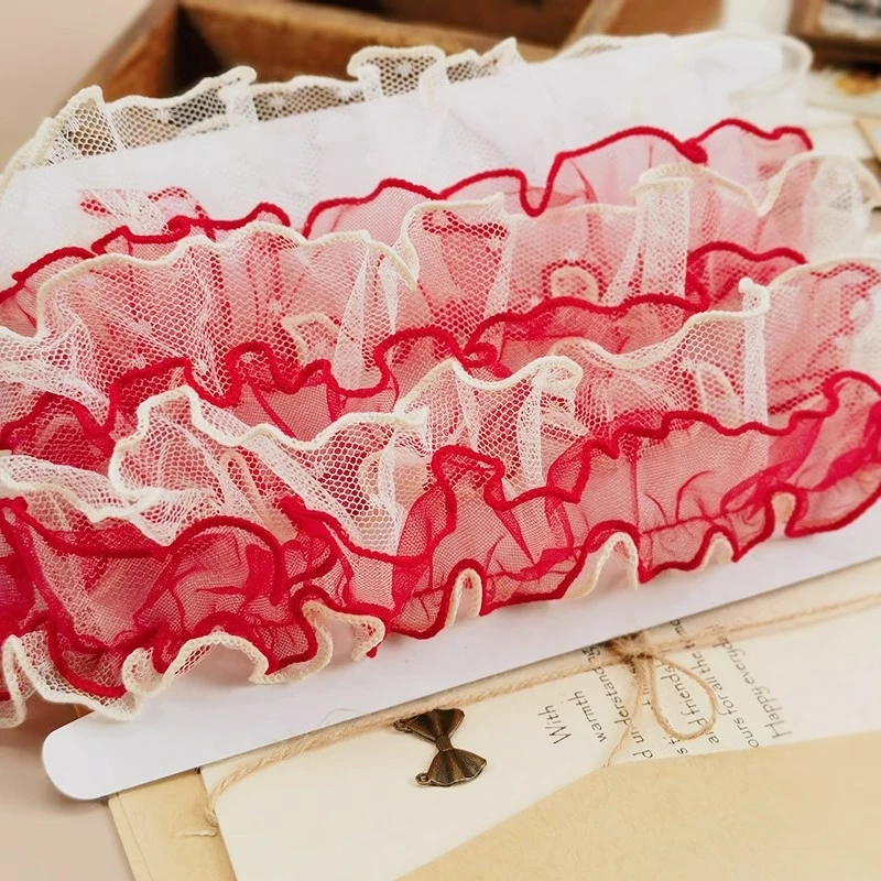 HOT Double intercolor Red and White ruffled lace DIY clothing skirt hat hem curtain bedding border sewing girl\'s room decoration