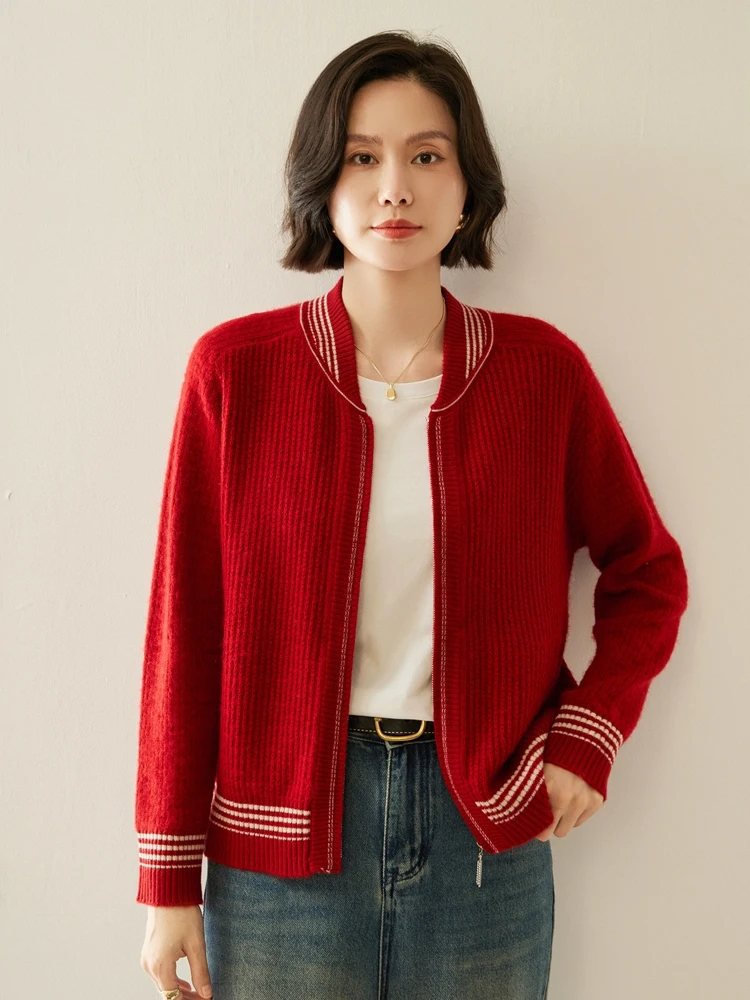 

Бейсбольный воротник с цветными блоками, 100% кашемировый вязаный кардиган, свитер, женская осенне-зимняя свободная толстая куртка на молнии, верхняя одежда