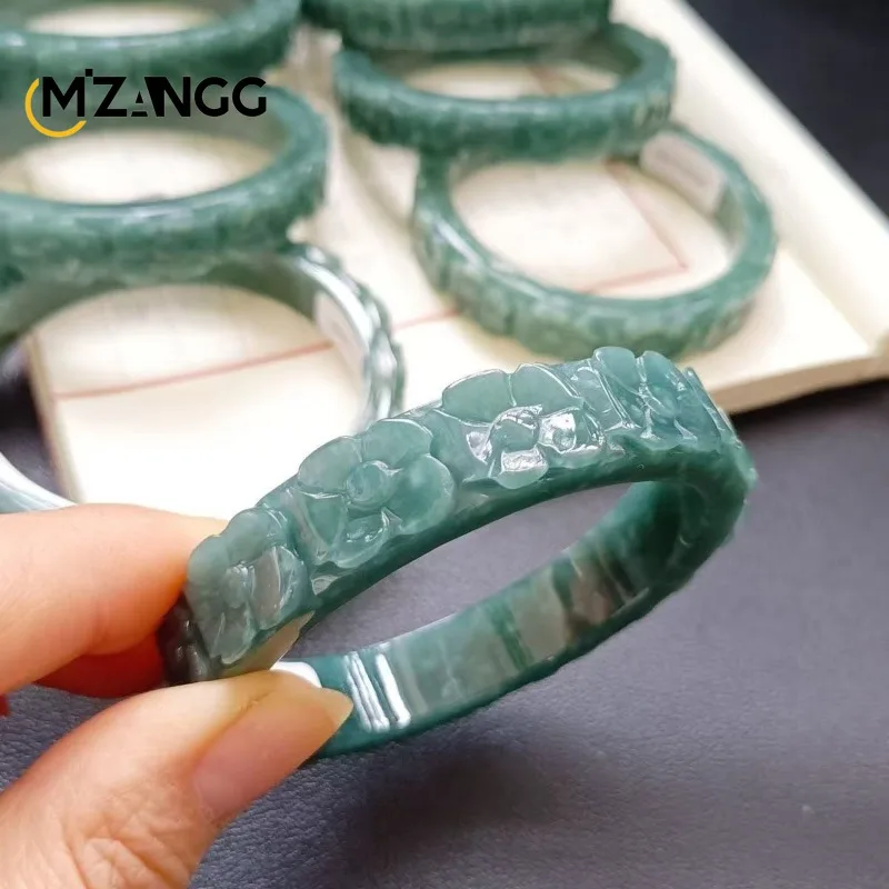 

Натуральный нефритовый браслет из жадеита цвета голубой воды с 3D-узором «Цветы персика», ручной работы, класса люкс, из нефрита типа «лед», унисекс, праздничный подарок