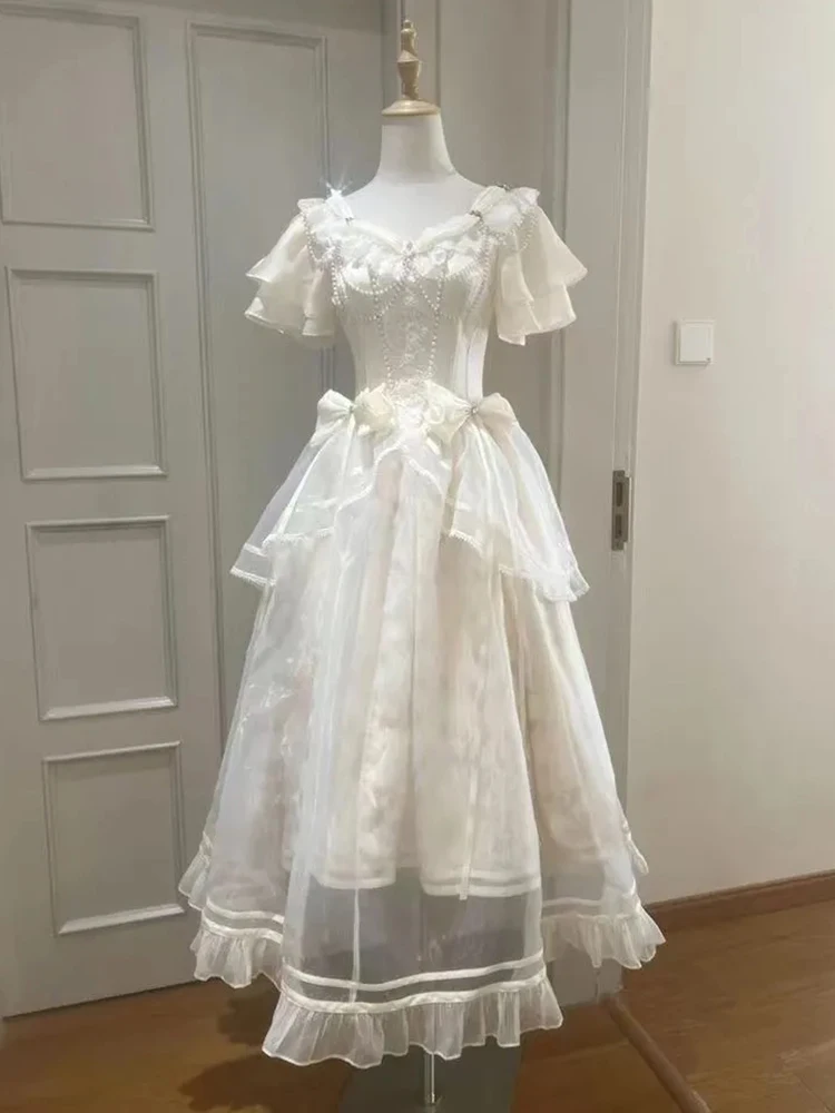 

Новое французское элегантное женское платье миди с бантом, летнее, для вечеринок, в стиле принцессы, с сетчатыми вставками, модное, с бисером, женское платье-вестидо