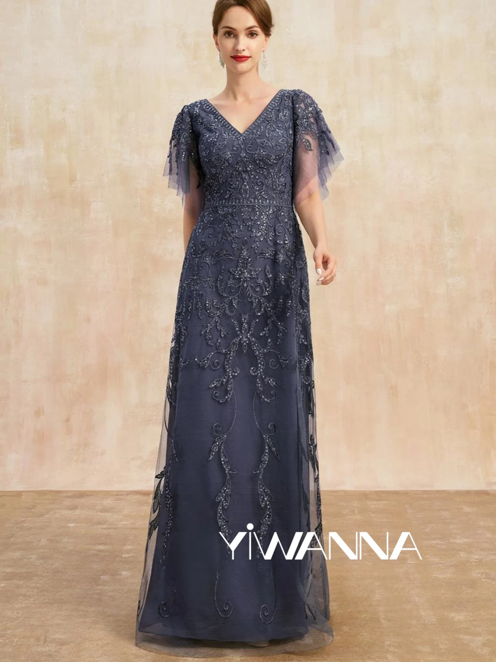 Graceful Lace Appliques Mother Of The Bride Dress For Wedding V-neck Short Sleeve Prom Dresses Sparkly A-line Long Evening Gown