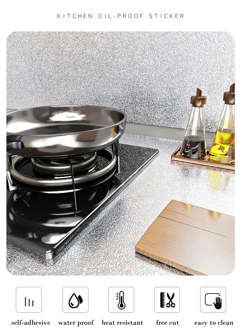 Küche ölbeständig wasserdicht Aufkleber Aluminiumfolie Küche Herd Schrank selbstklebende Wandaufkleber DIY Tapete abziehen und aufkleben – Detail 1