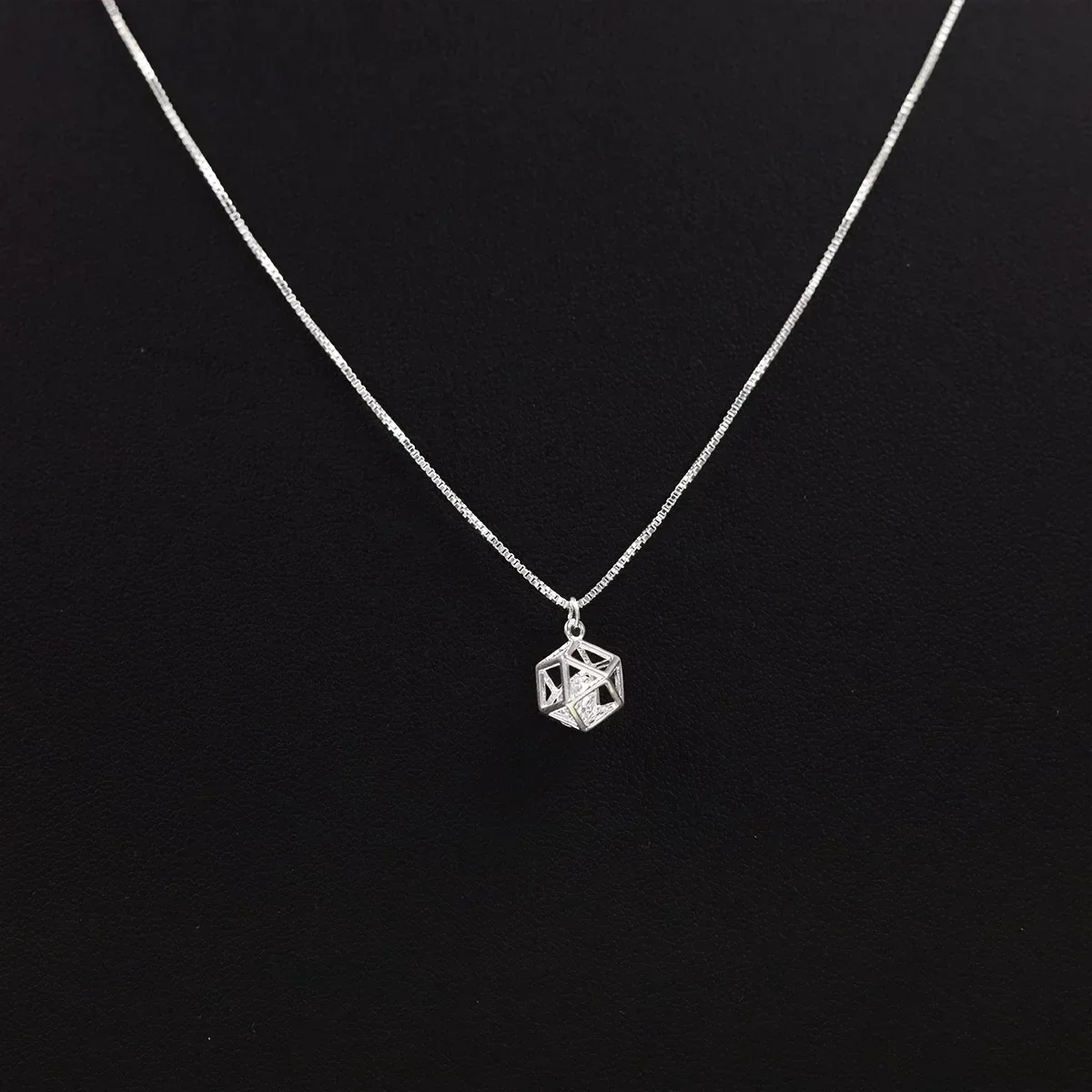 

Women Silver Pattern Hollow Ball Pendant Choker- Charm Box Chain Italian Fine