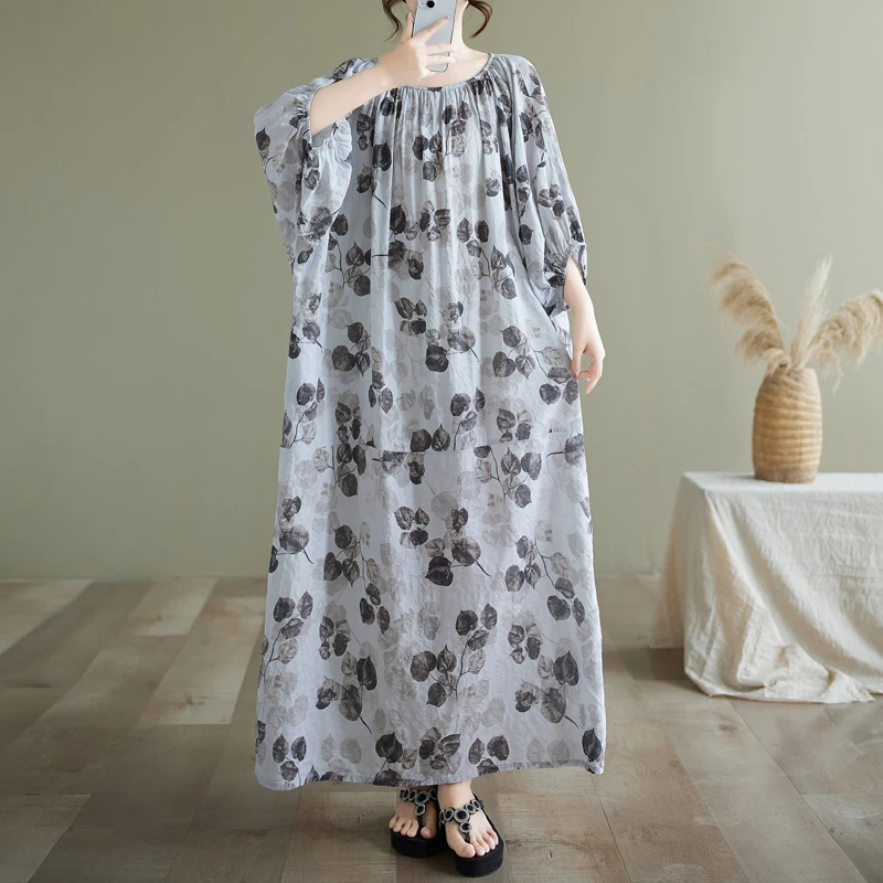 

Large Size Artistic Cotton Linen Print Dress Loose Meat Concealing Slimming Holiday Style Robe Lantern Sleeve Long Dress