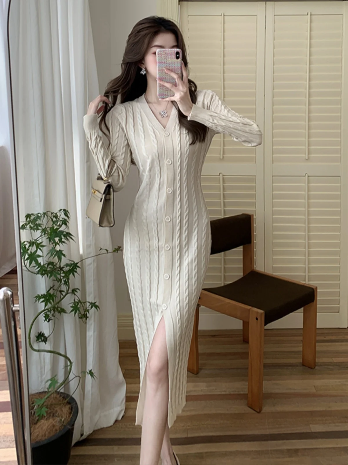 

Ele Long Sve V-Ne Knitted Dr Women's Tight Bodycon Dr Spring New Sle Side Slit Floor-Length Gown