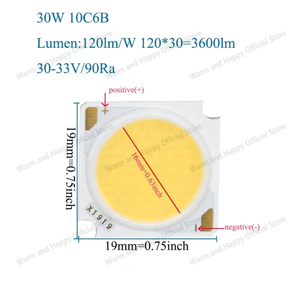 스포트라이트 다운라이트 광원 LED COB 발광 다이오드, 브리지럭스 비드 DC30-33V, 19x19mm, 10W, 20W, 30W, 40W, 50W, 10 개