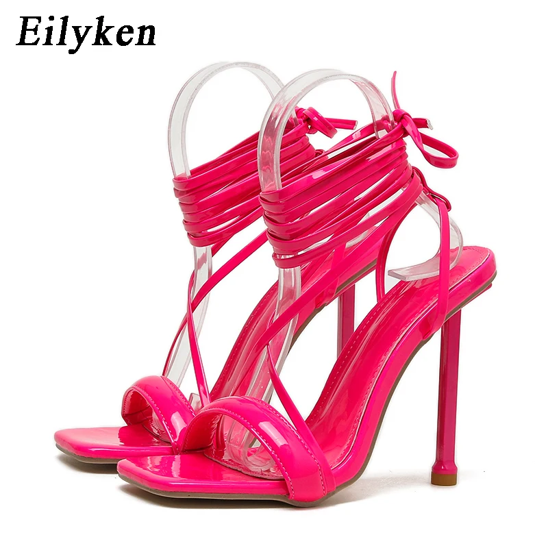 Eilyken Summer Square Toe High Heel Women Sandals Sexy Narrow Band Ankle Strap Ladies Club Stripper Shoes