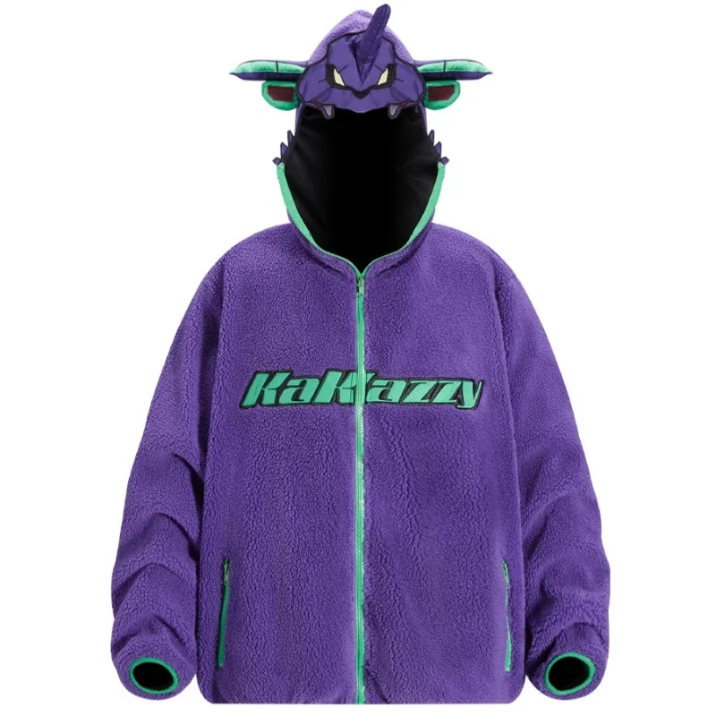 Cartoon Anime Fashion Retro Neon GenesisEvangelion Sweater Coat Casual Zipper Cardigan Lamb Fleece Warm Purple Cotton Shirt