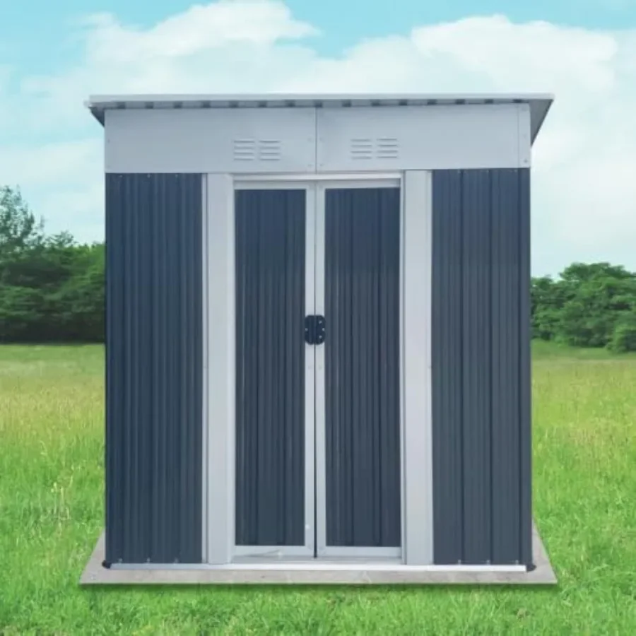Outdoor Storage Shed with Lockable Sliding Door, Aluminum Alloy Frame, FT Grey Color, Two Sloped Sides Roof for Backyard, Lawn,
