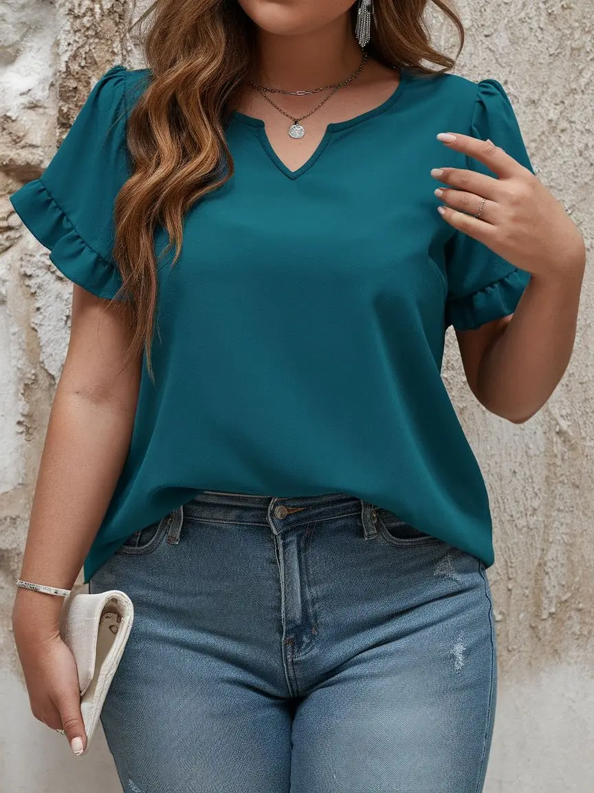 

Women's Spring and Summer Ruffle Sleeve Notch V-Neck Shirt
