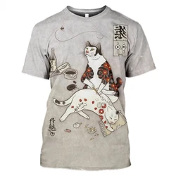 Japanese Samurai Cat Tattoo 3D Printed T-Shirt Men's Printed Shirt Summer Funny Casual Loose T-Shirt