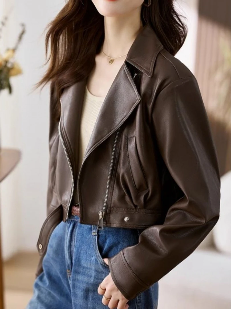 2023 Women Vintage Loose Pu Faux Leather Short Jacket with Belt Streetwear Female Zipper Retro Moto Biker Coat Outwear Tops